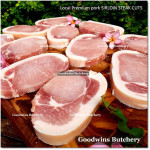 Pork Karbonat Has Luar SIRLOIN SKIN ON frozen Local Premium PORTIONED SMALL ROAST +/- 1.5kg (price/kg)